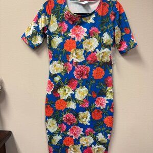 LuLaRoe Julia  Dress  Blue and Floral Print NWT size XS